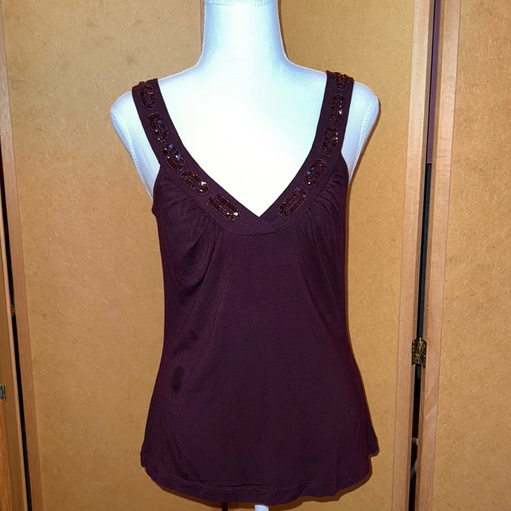 Small Mossimo Stretch Burgundy beaded and sequined top with V neck & wide straps